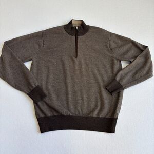 Peter Millar Merino Wool 1/4 Zip Sweater Mens L Brown Stripe Casual Preppy Work